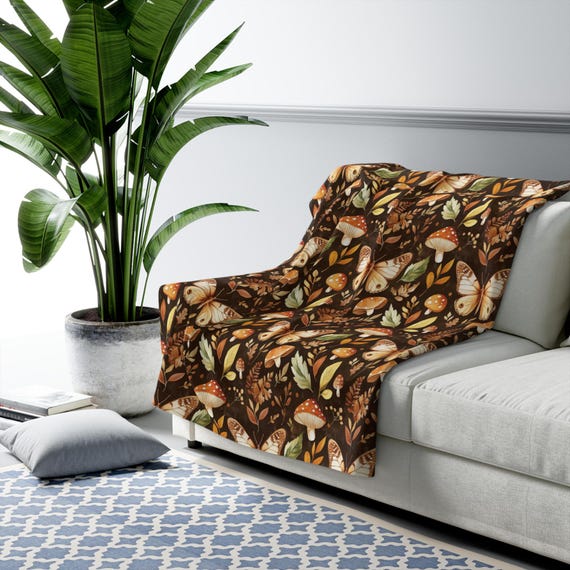 Mushroom and Butterfly Sherpa Style Fleece-Backed Plush Blanket, Cozy Cottage Core Throw, Forest Mushrooms on a Soft Cuddly Indoor Blanket