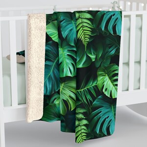 Tropical Leaves Sherpa Fleece-Backed Blanket, Cozy Throw in Two Sizes, Dark and Moody Monstera Leaf Pattern Blanket for Sofa or Bed image 4