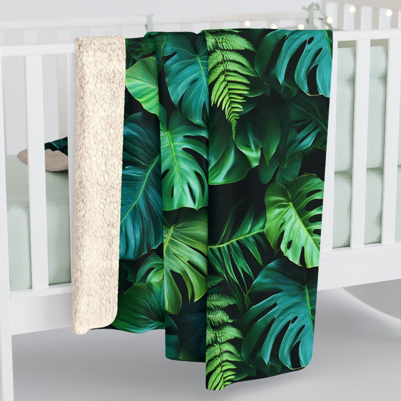 Tropical Leaves Sherpa Fleece-Backed Blanket, Cozy Throw in Two Sizes, Dark and Moody Monstera Leaf Pattern Blanket for Sofa or Bed image 4