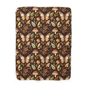 Mushroom and Butterfly Sherpa Style Fleece-Backed Plush Blanket, Cozy Cottage Core Throw, Forest Mushrooms on a Soft Cuddly Indoor Blanket image 5