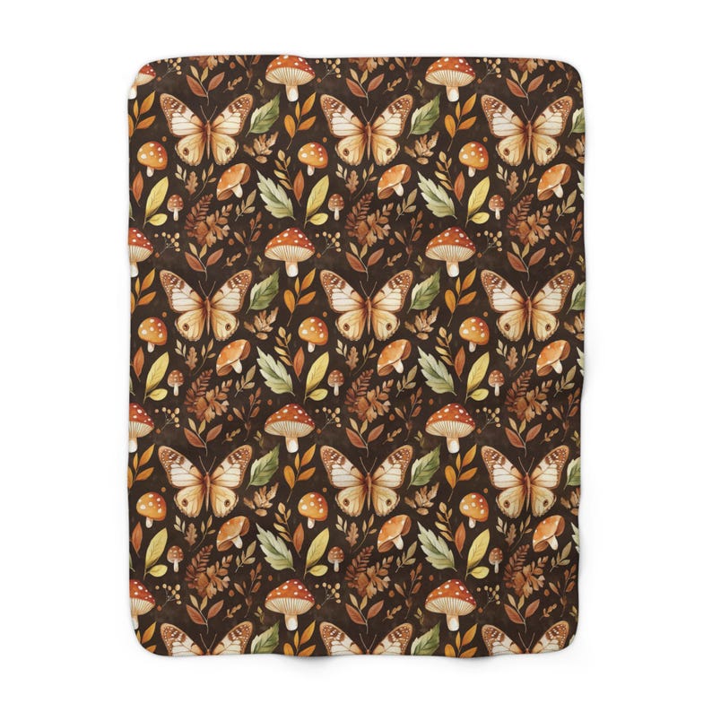 Mushroom and Butterfly Sherpa Style Fleece-Backed Plush Blanket, Cozy Cottage Core Throw, Forest Mushrooms on a Soft Cuddly Indoor Blanket image 5