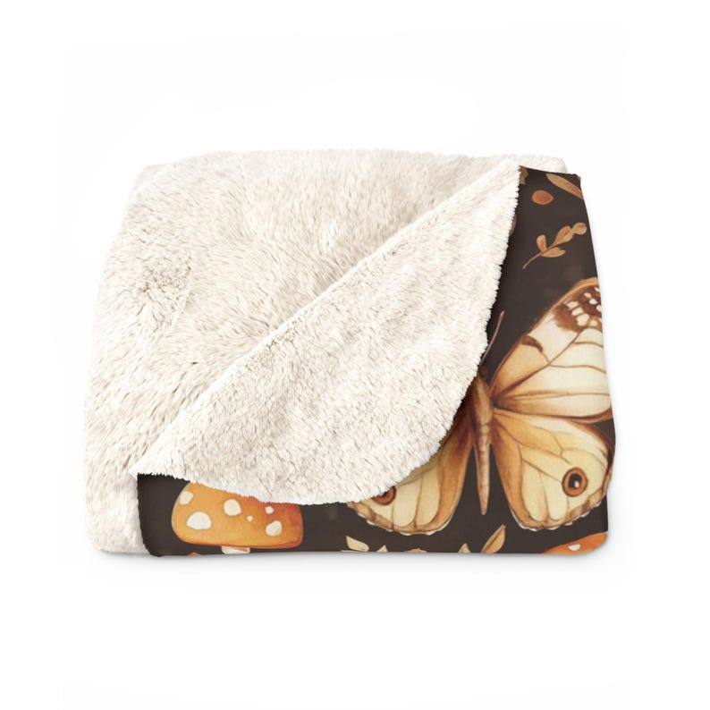 Mushroom and Butterfly Sherpa Style Fleece-Backed Plush Blanket, Cozy Cottage Core Throw, Forest Mushrooms on a Soft Cuddly Indoor Blanket image 2