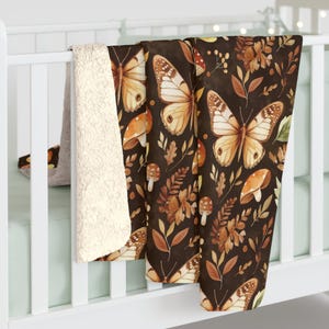Mushroom and Butterfly Sherpa Style Fleece-Backed Plush Blanket, Cozy Cottage Core Throw, Forest Mushrooms on a Soft Cuddly Indoor Blanket image 3