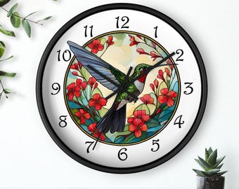 Humming Bird Stained Glass-look Wall Clock, Garden Bird Analog Clock 10" Three Colors