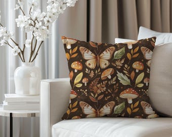 Mushroom Throw Pillow--Mushrooms and Butterflies on a Faux Suede Throw Pillow, Cute Cottagecore Pillow for your Sofa, Chair or Bed