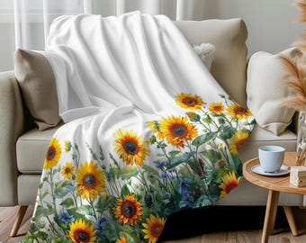 Sunflowers Velveteen Plush Blanket, Cozy Throw, Pretty Sunflowers on a Soft Cuddly Indoor Blanket