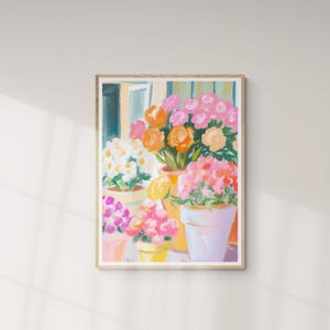 Flores rosas, arte floral imprimible, mercado de flores, póster de flores, arte imprimible, impresión digital, pintura abstracta, flores brillantes en jarrón