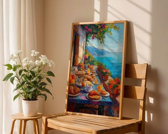 Amalfiküste Kunstdruck, Italienisch Sommer Digitaler Download, Helles und Buntes Poster Design, Morning Cafe Print, Trendy Mittelmeer Poster
