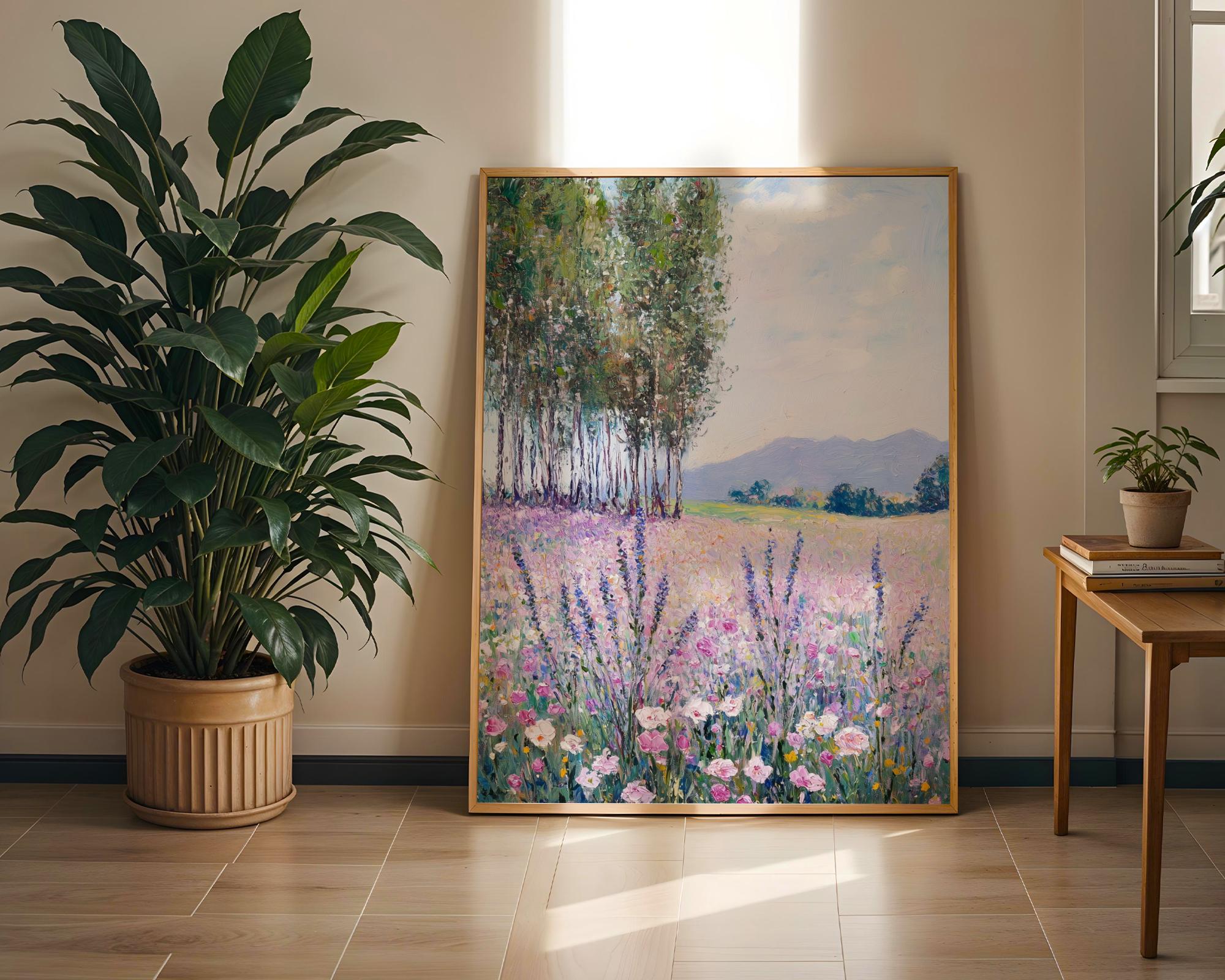 Frühling Sommer Landschaft Kunstdruck, Wildblumen Blumen Poster, Pastell Blumen Digital Download, saisonale Natur Wandkunst, lebendige Garten Haus Kunst