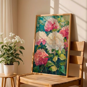 Rosa & weiße Hortensie Ölgemälde, floraler digitaler Download, lebendige Blumengarten Poster, botanische Wandkunst, Natur inspirierte Wohnkultur
