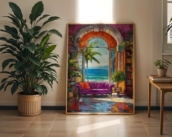 Küstenstrand Druck, Amalfiküste Kunstdruck, Italienischer Sommer Digitaler Download, Helles und Buntes Poster Design, Trendiges Mittelmeer Poster