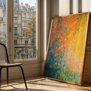 Impresión artística de paisaje floral otoñal, póster botánico de otoño, descarga digital de flores cálidas, arte mural de naturaleza estacional, arte de jardín abstracto de otoño