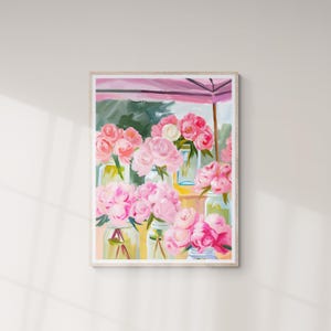 Flores rosas, Arte floral imprimible, Mercado de flores, Póster de flores, Arte imprimible, Impresión digital, Pintura abstracta, Flores brillantes en jarrón