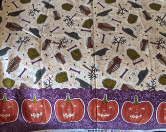 Raven & Owl Halloween Cotton Fabric with Jack O'Lantern Border