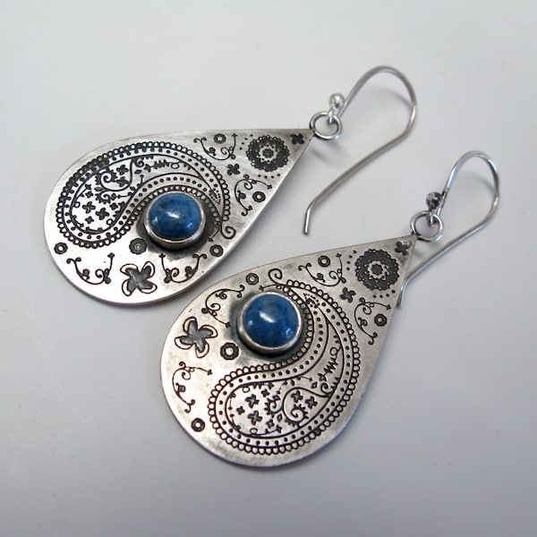 Sterling Silber Paisley Tropfen Ohrringe mit Denim Lapis Lazuli