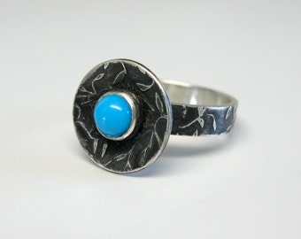 Leaf Pattern Disc Cocktail Ring in Reclaimed Sterling Silver with 6mm Turquoise Stone