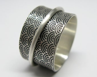 Asian Inspired Water Pattern Sterling Silver Spinner Ring with Brushed Finish