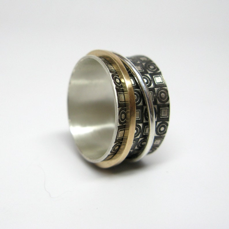 Modern Concentric Circles and Squares Sterling Silver & 14k Gold Spinner Ring image 2