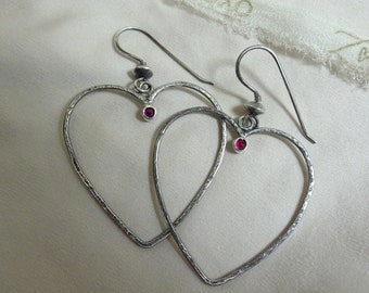 Forged Heart Sterling Silver Earrings with American Mined Turquoise stone or Lab-Grown Ruby