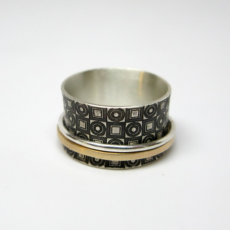 Modern Concentric Circles and Squares Sterling Silver & 14k Gold Spinner Ring image 3