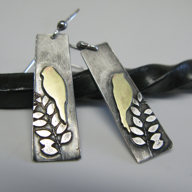 Birds in a Tree Sterling and Brass Earrings image 1