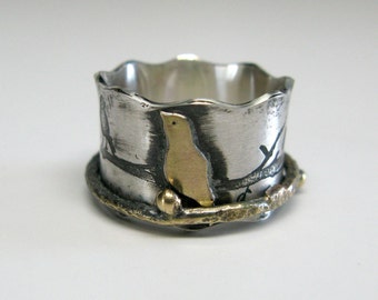 Birds on a Branch Spinner Ring with Bird and Branch with buds Spinner