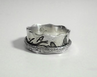 Birds on a Branch Sterling Silver Spinner Ring – Small 8mm Width