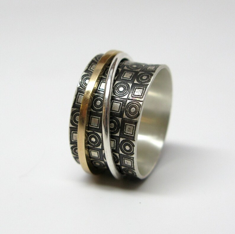 Modern Concentric Circles and Squares Sterling Silver & 14k Gold Spinner Ring image 1