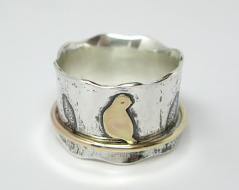 Birds on a Wire Sterling Silver and 10k Gold Spinner Ring