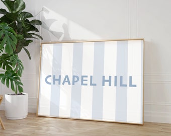 Stampa da parete preppy UNC, decorazione Carolina per dormitorio, stampa Blue Chapel Hill, stampa da appartamento UNC Tar Heel, poster da parete costiero