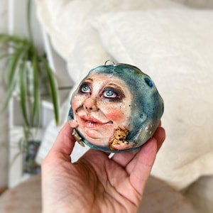 Handmade moon face ornament – OOAK hanging art doll, whimsical Christmas tree decoration, hand sculpted figurine, unique gift for art lovers