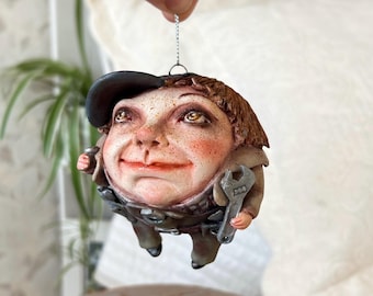 Whimsical Face Ornament - OOAK Hand Sculpted Clay Collectible