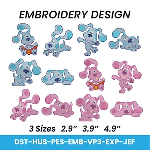 Blue and Magenta Dog Cartoon Embroidery Design, Cute Dog Embroidery Pattern, Kids Embroidery, Embroidery Files PES JEF VP3, Instant Download