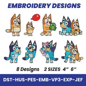 Desenho de bordado Cachorro azul e irmã, Conjunto de desenho de bordado à máquina 2, Aniversário infantil, Presente de aniversário, Download instantâneo 2 tamanhos