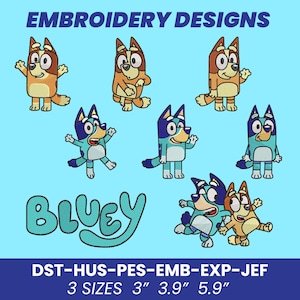 Embroidery Design Blue Dog and Sister, Machine Embroidery Design Set, Kid&#39;s Birthday, Birthday Gift, Instant Download 2 sizes