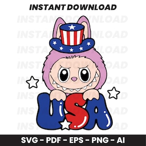 Disegno vettoriale patriottico di Labubu USA, modello di taglio SVG, Labubu 4 luglio SVG, maglietta Labubu patriottica Png, disegno di taglio Silhouette