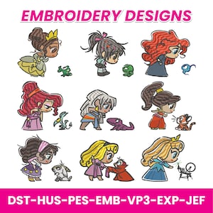 Princess Cartoon Kawaii Pack 3, Embroidery Design Set, Princess Design Kawaii, Embroidery Pattern, Birthday Gift, Instant Download 2 sizes