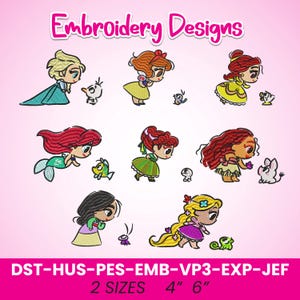 Princess Cartoon Chibi, Embroidery Design Set, Princess Design Kawaii, Embroidery Pattern, Birthday Gift, Instant Download 2 sizes