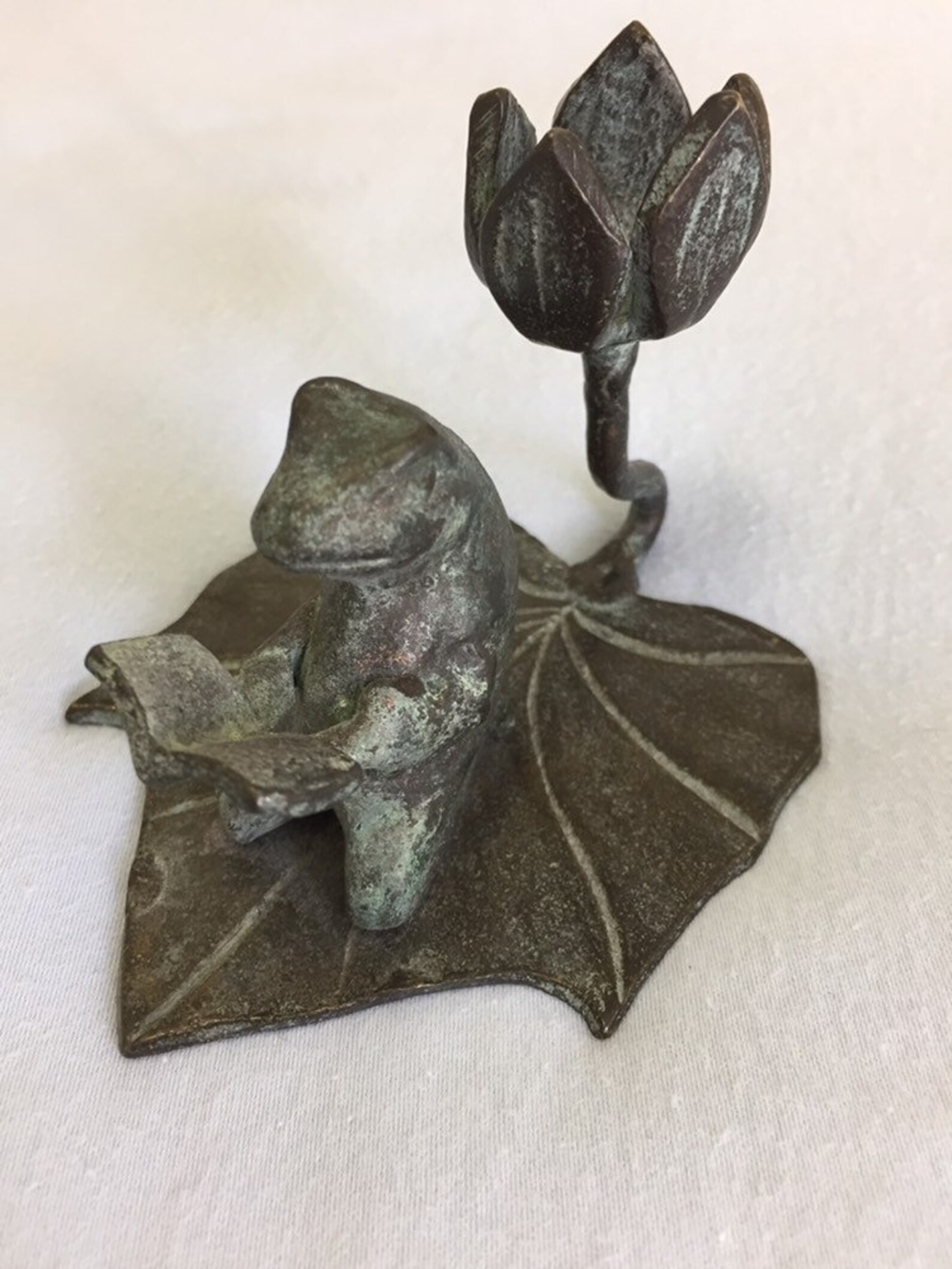 Brass Frog Candle holder Frog is sitting a a lily pad reading Etsy