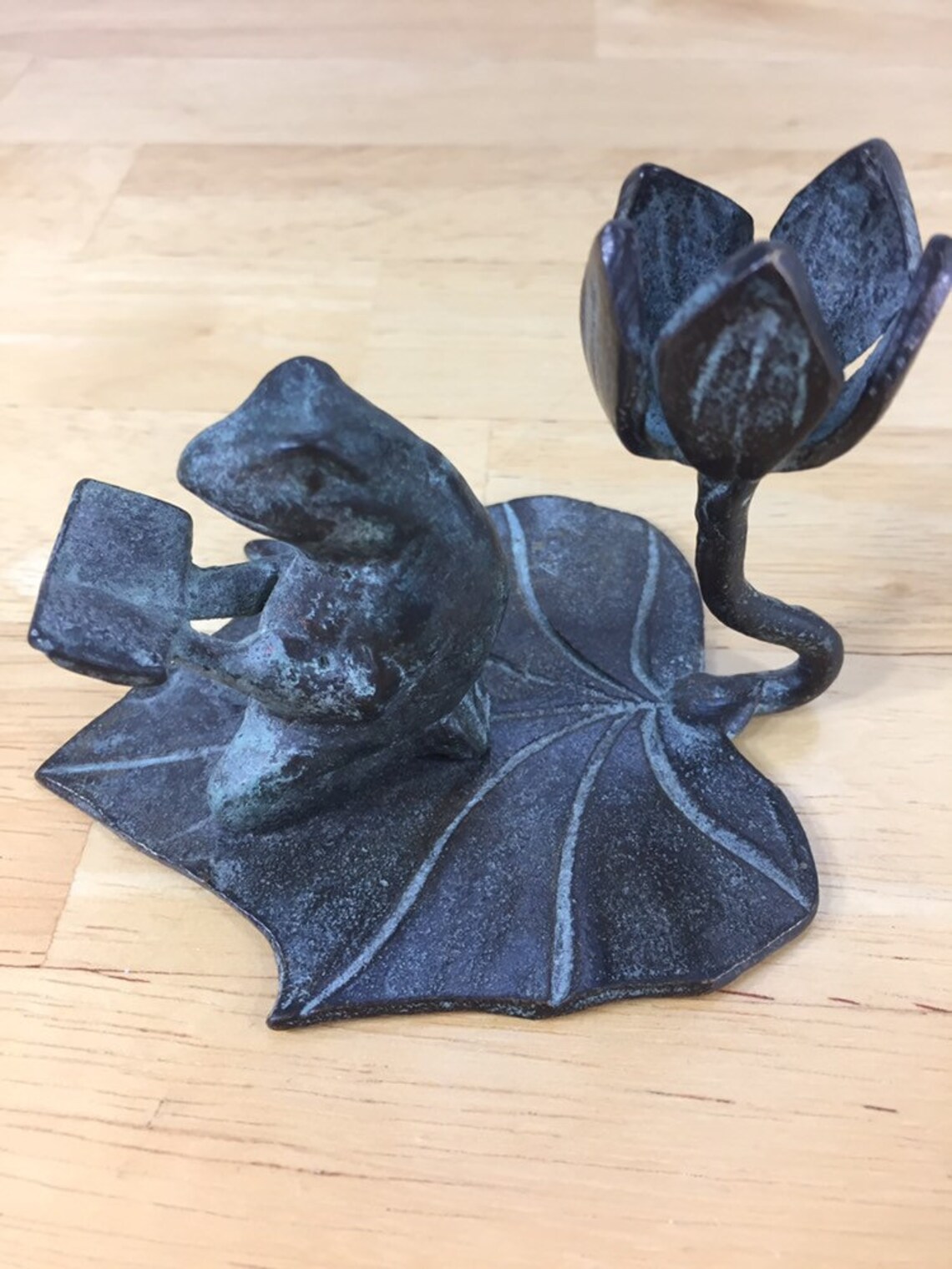 Brass Frog Candle holder Frog is sitting a a lily pad reading Etsy