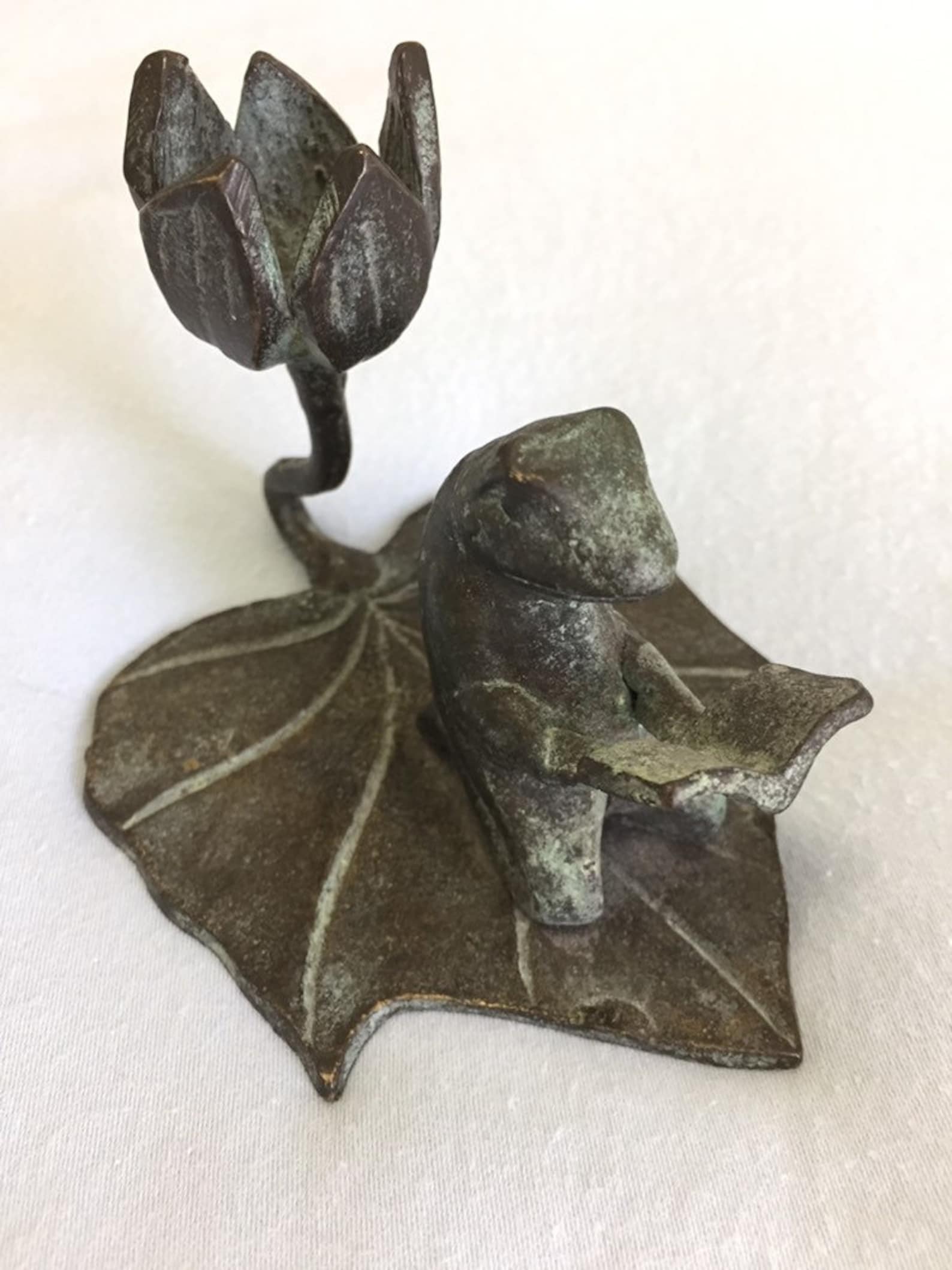 Brass Frog Candle holder Frog is sitting a a lily pad reading Etsy