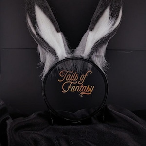 May include: A pair of gray and white faux fur bunny ears attached to a black headband. The headband has a circular black base with the text "Tails of Fantasy" in gold script. The ears are upright and fluffy, with a dark gray exterior and white interior.