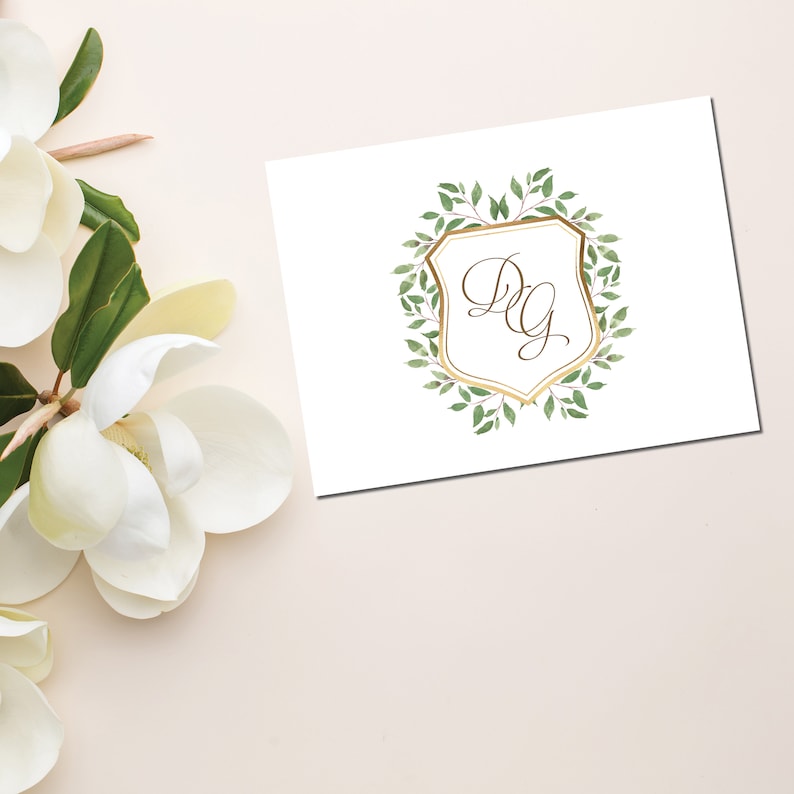 Personalized Note Cards Leafy Monogram Crest 20