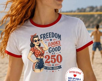 Top corto retro PinUp Girl 250 años USA / Camiseta corta retro con ribete / Camiseta corta linda de verano / Top corto retro de playa para el 4 de julio