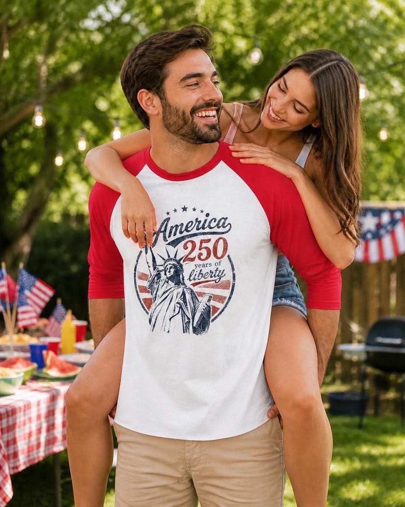 Puede incluir: Una camiseta blanca estilo b&eacute;isbol con mangas rojas de tres cuartos. El frente presenta un gr&aacute;fico de la Estatua de la Libertad dentro de un emblema circular con el texto America 250 years of liberty en tinta azul y roja.