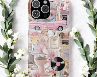 Vintage Coquette Collage Pink iPhone Case, Retro Collage Phone Cover, Soft Girly, Cute 50s Phone Case Gift for iphone 16 15 14 13 12 11