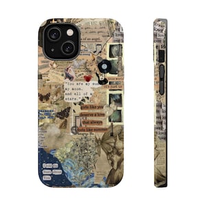 Funda MagSafe con collage vintage romántico, poema de amor, mariposas y partitura, tipografía de noche estrellada para iPhone 16, 15, 14 y 13 Pro Max