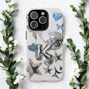 Capa de telefone com inicial metálica | Design personalizado de bola de discoteca e estrelas | Capa cromada com letras personalizadas para iPhone 16 15 14 13 12 Pro, Samsung S24