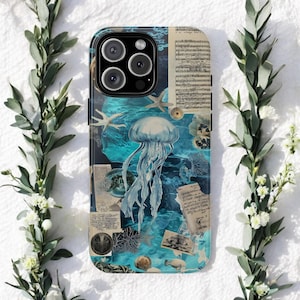 Mystical  Ocean Jellyfish iPhone collage Case Vintage deep Sea Life iPhone Cover for Ocean Lovers Tough Phone Case iPhone 16 15 14 Pro Max