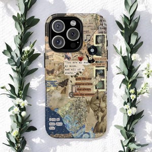 Funda para teléfono con collage vintage romántico, poema de amor, mariposas y partitura, tipografía de noche estrellada para iPhone 16, 15, 14, 13 Pro Max, Galaxy S24 y S23.